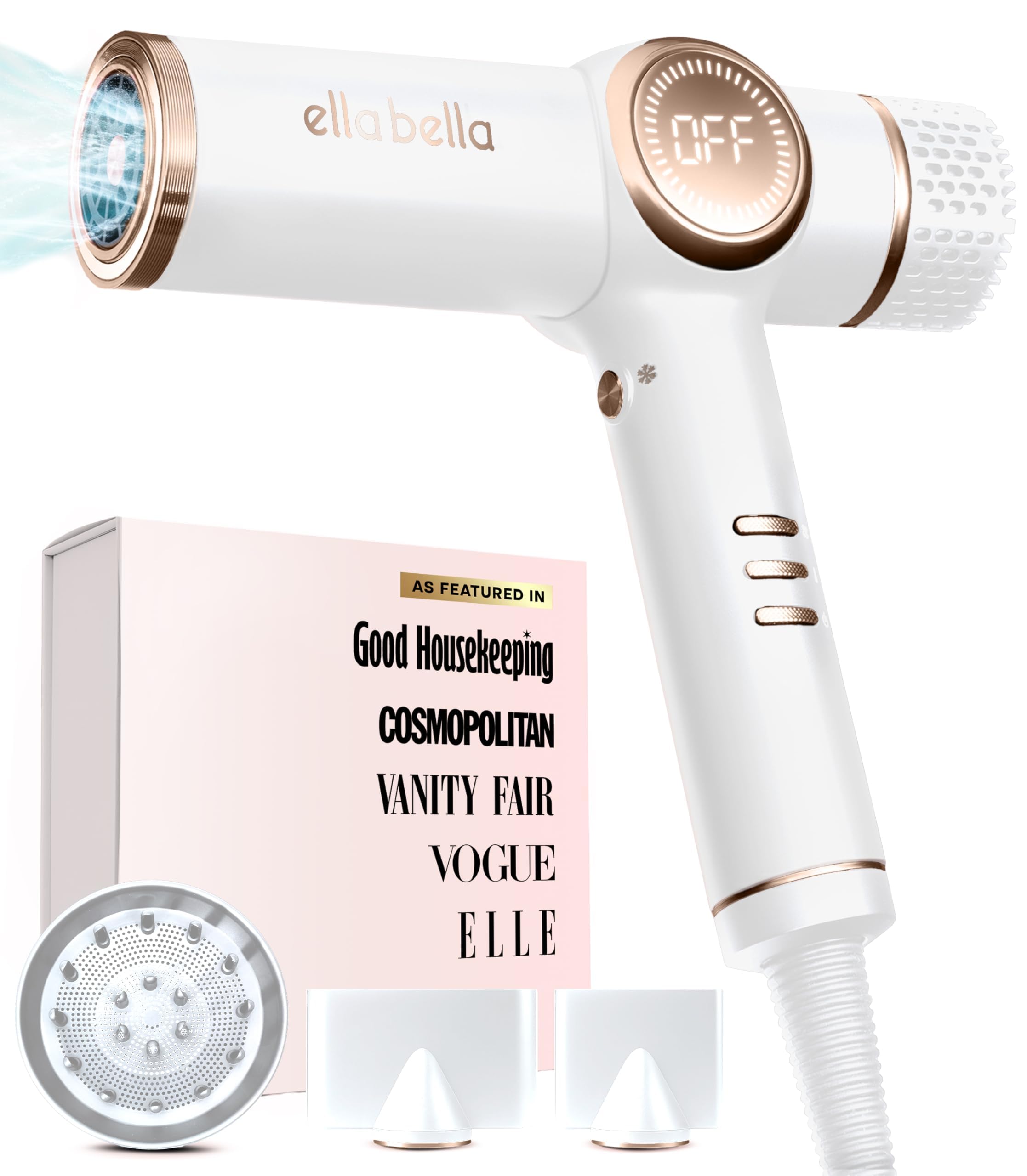 Secador ionico Ella Bella con difusor para peinados suaves y brillantes.