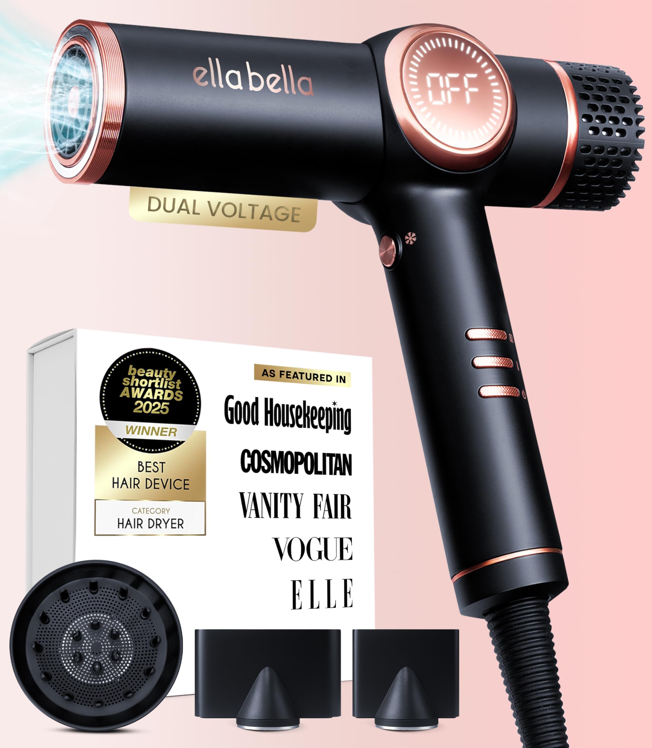 ELLA BELLA secador iónico profesional con difusor para acabado suave