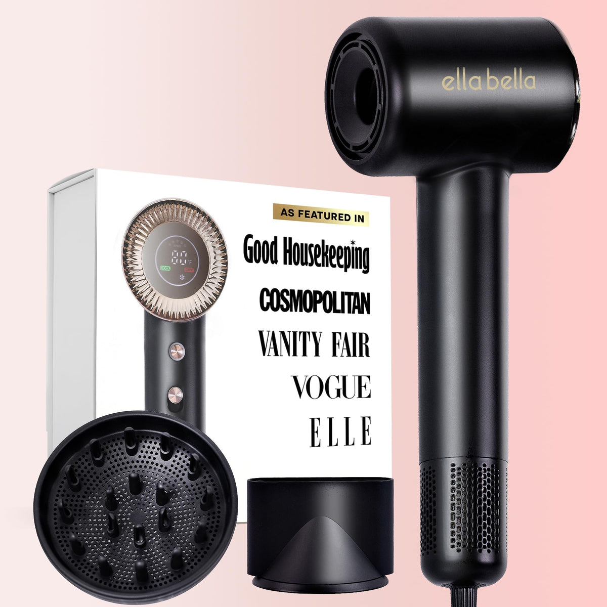 El secador plasma compacto ELLA BELLA muestra frente con difusor para peinado suave y rápido.