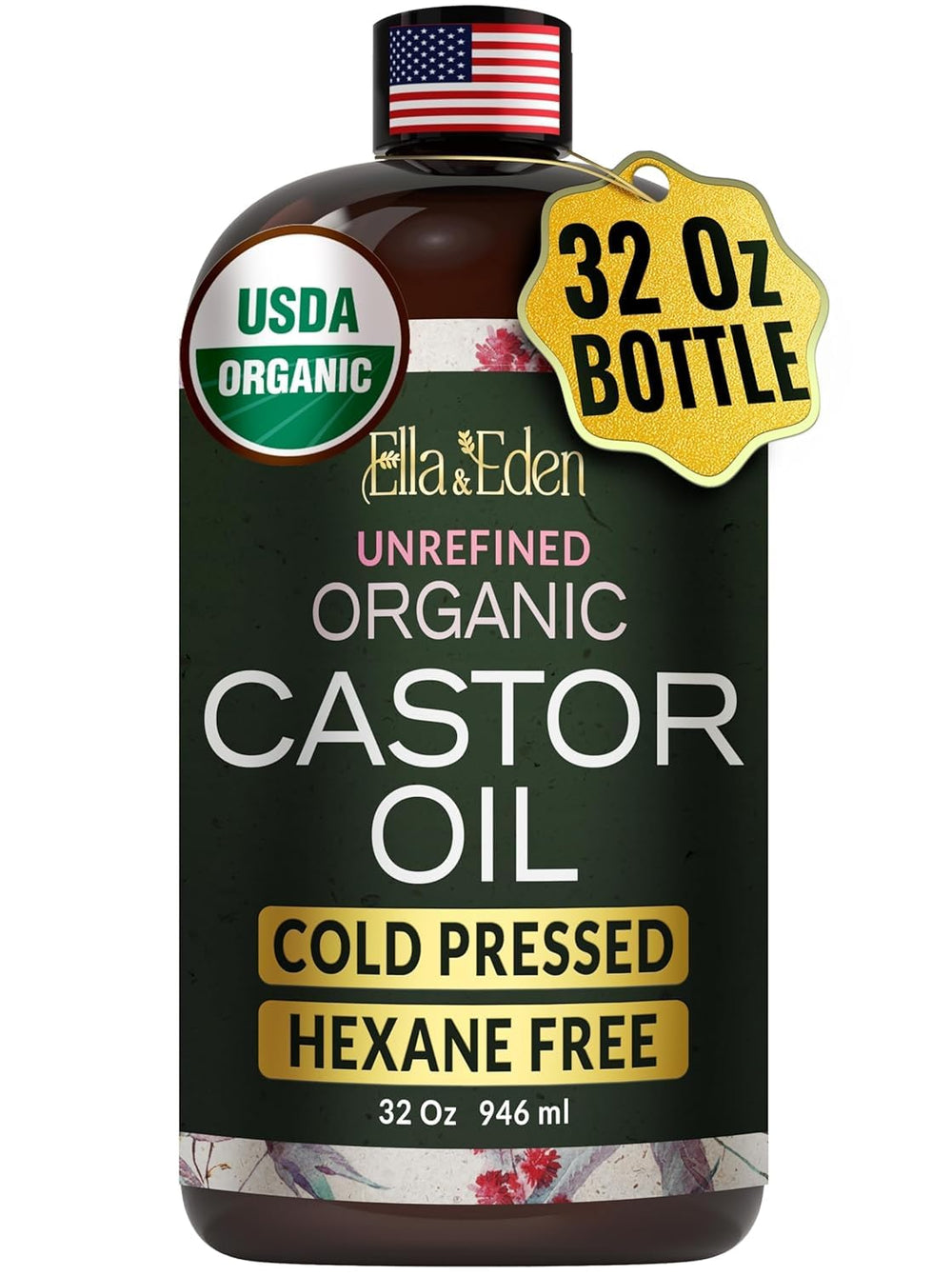 Ella y Eden aceite de ricino orgánico prensado en frío, bote de 32 onzas para hidratación.