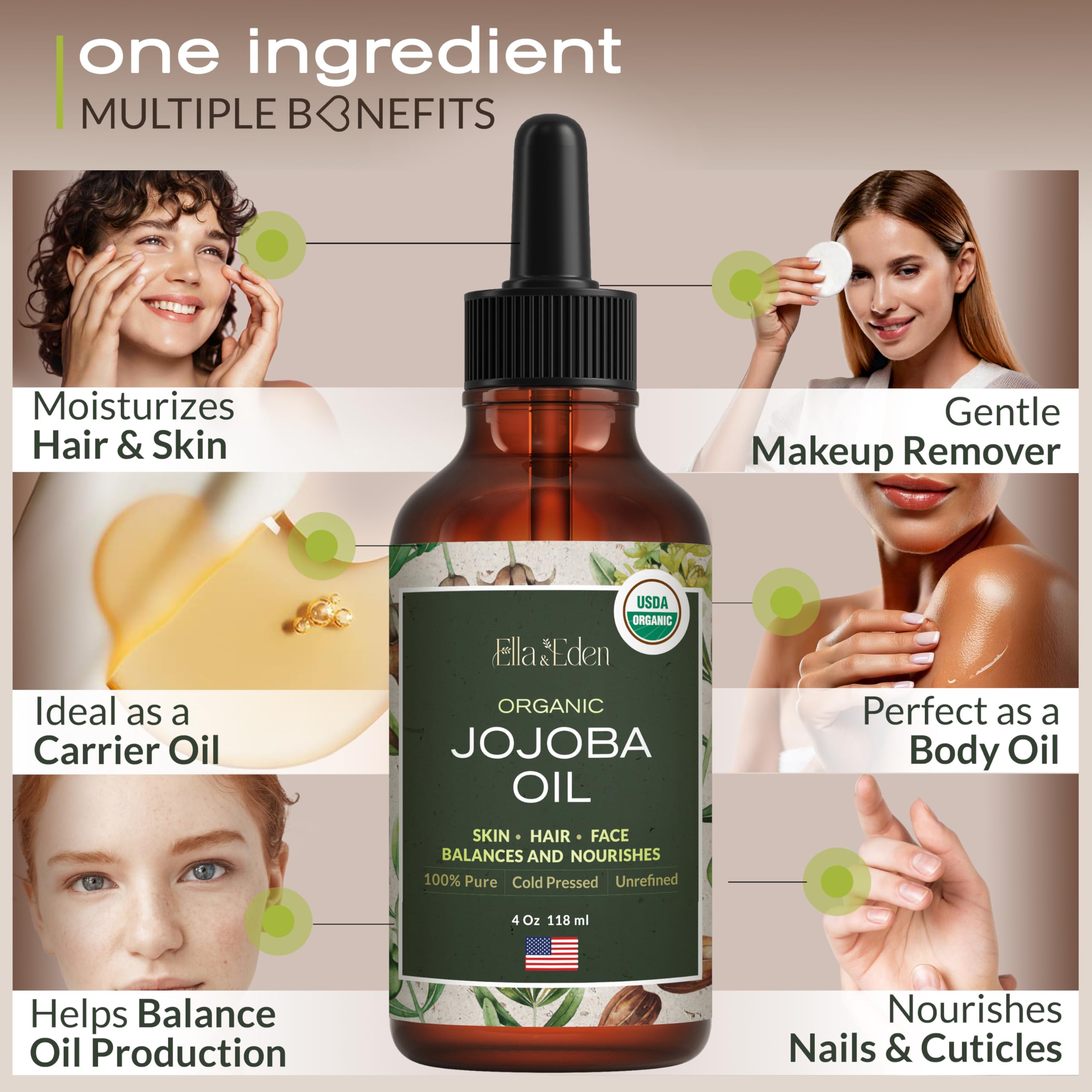Ella & Eden aceite jojoba textura suave para piel y cabello.