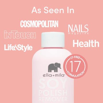 ella-mila remover includes vitamins A, C, E to nourish nails as color lifts.
