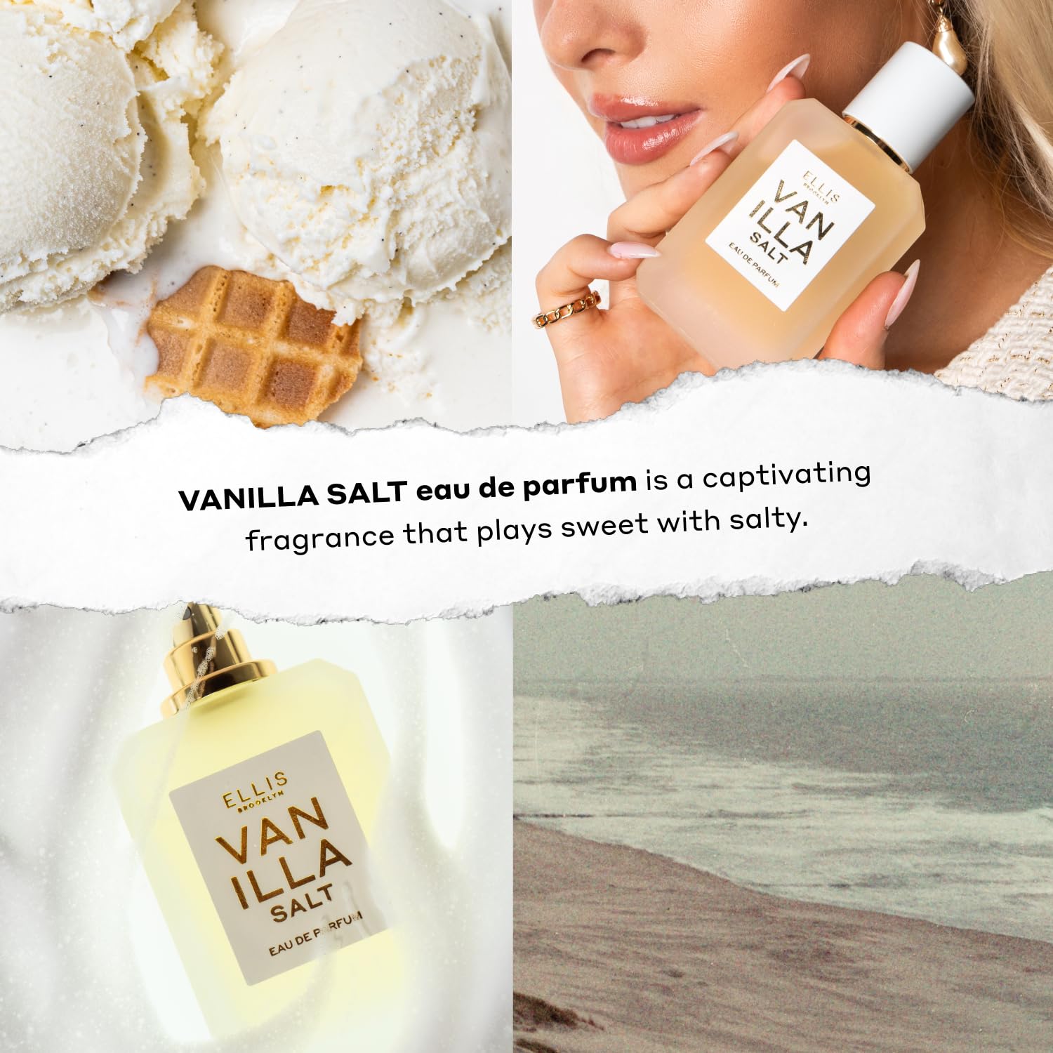 Frasco translúcido muestra el tono ámbar del perfume VANILLA SALT.
