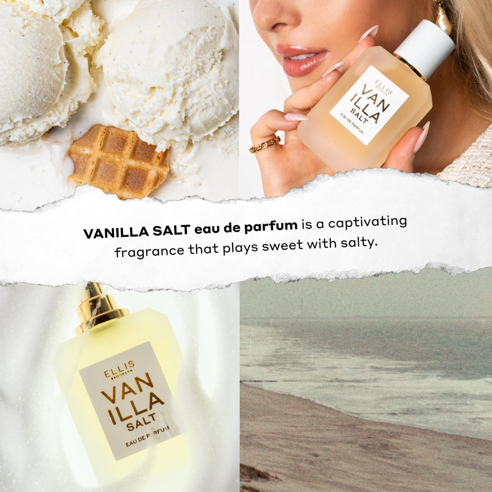Frasco translúcido muestra el tono ámbar del perfume VANILLA SALT.