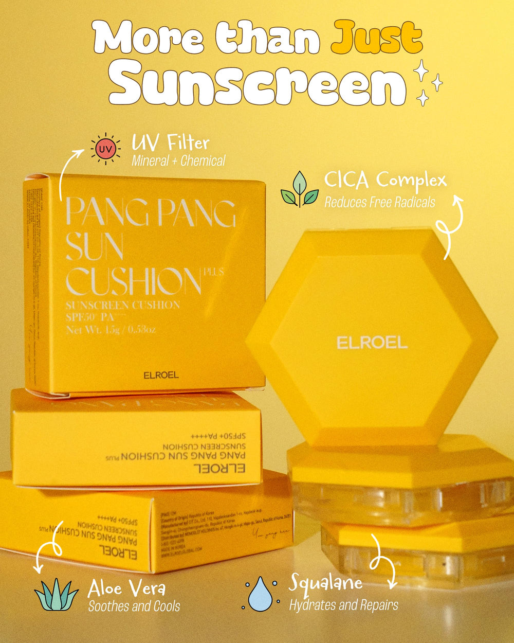 ELROEL Pang Pang Sun Cushion Plus sin rastro blanco.