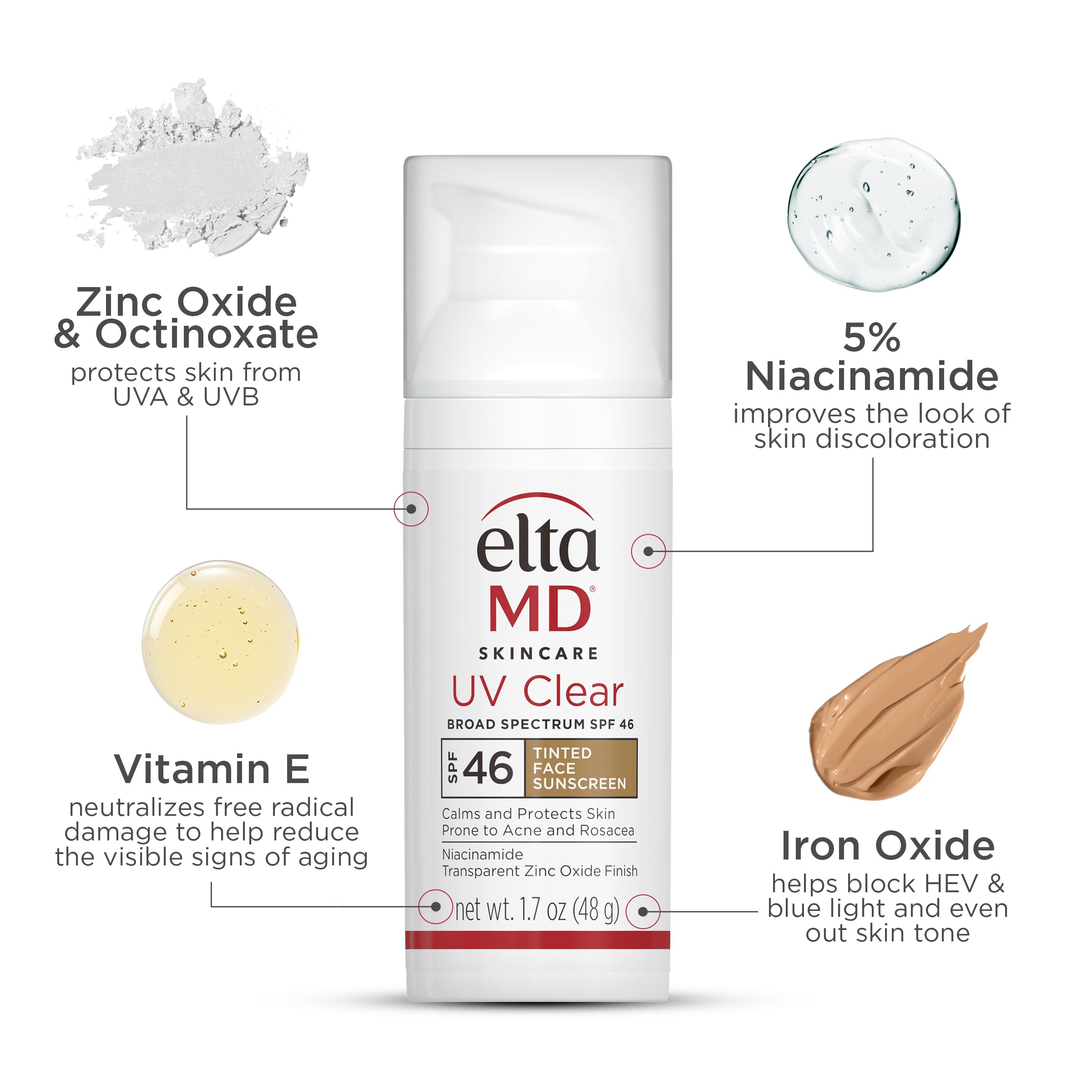 EltaMD UV Clear con color contiene niacinamida y ácido hialurónico para cuidado diario.