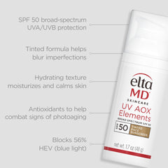 EltaMD UV AOX Elements tintado mineral rostro para tono uniforme.