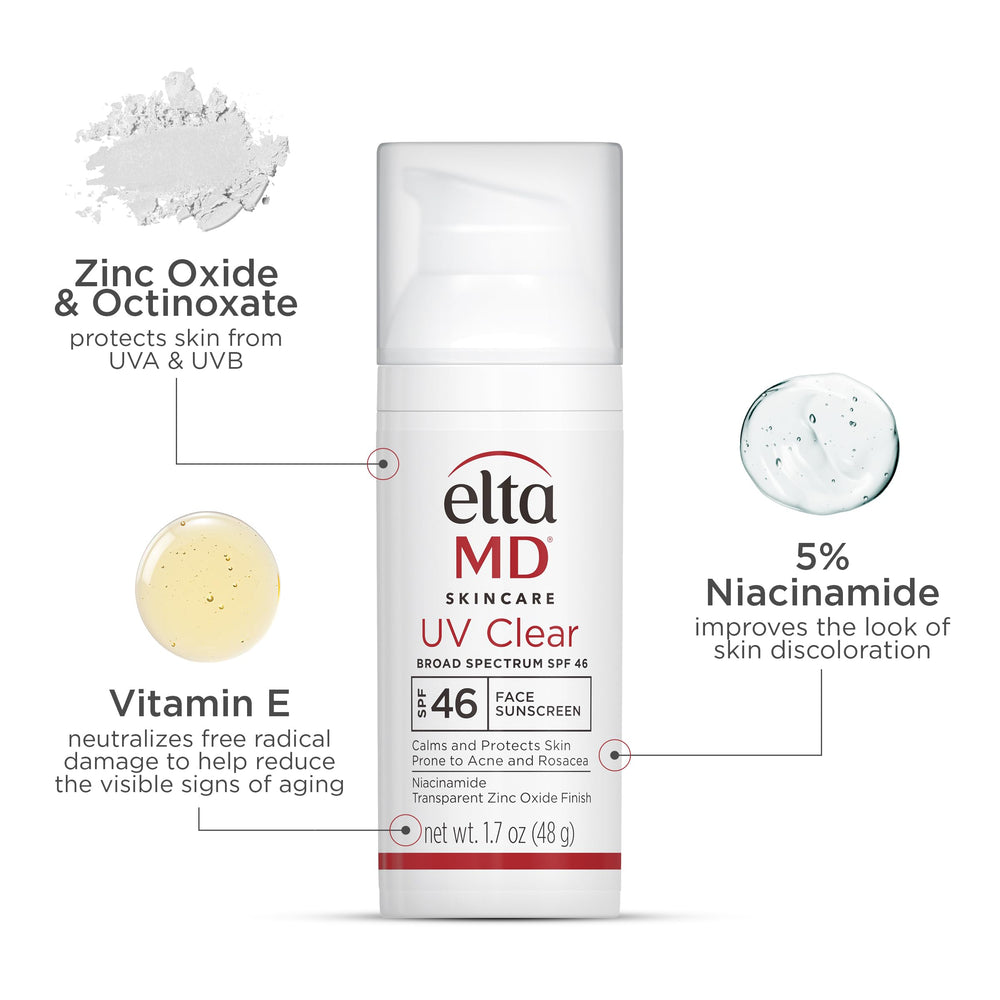 EltaMD UV Clear, protección UVA/UVB con óxido de zinc para piel sensible.