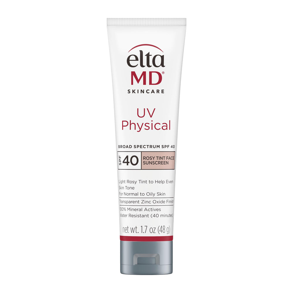 EltaMD UV Physical Rosy Tint SPF 40, envase frontal, protector mineral ligero para piel mixta.