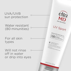 EltaMD UV Sport protege rostro y cuerpo con SPF 50, sensación ligera.