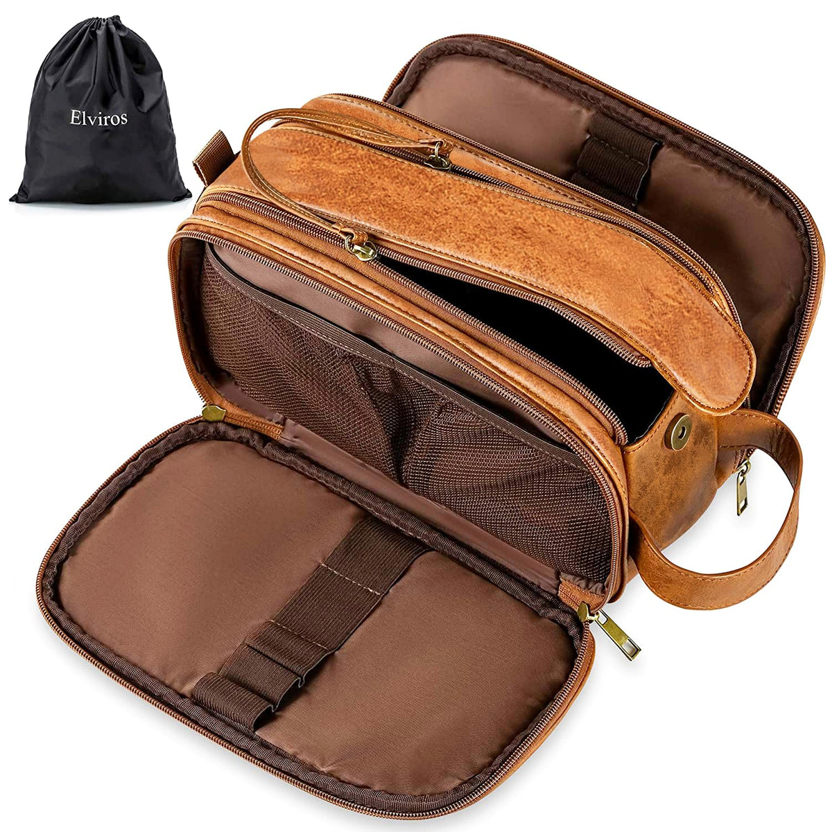 Elviros trousse toilette grand ouvert: espace généreux pour vos essentiels en voyage.