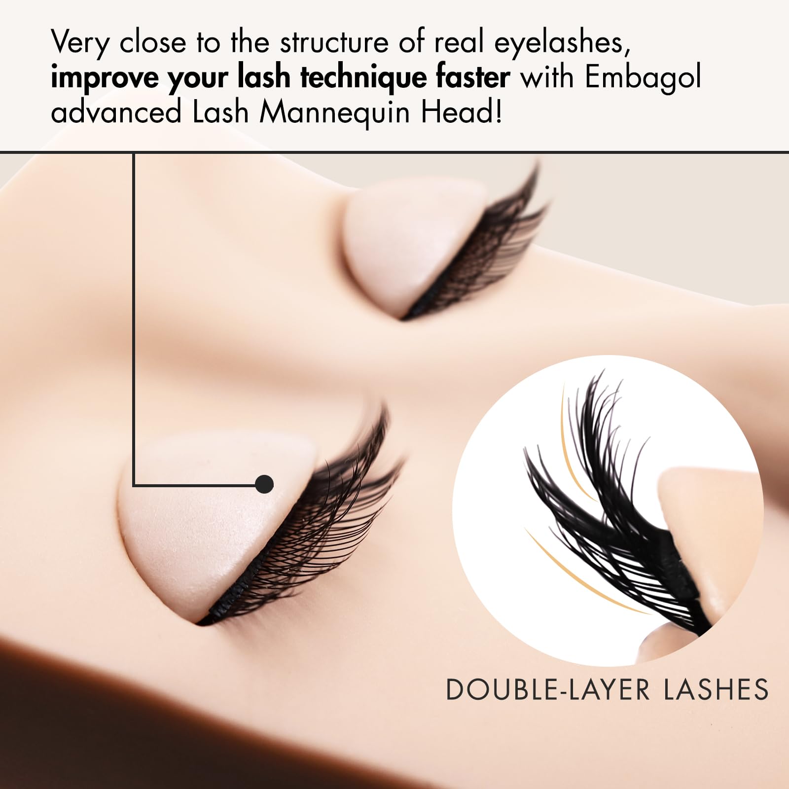 Embagol: cabeza-maniquí-silicona-tacto-real ideal para practicar extensiones de pestañas.