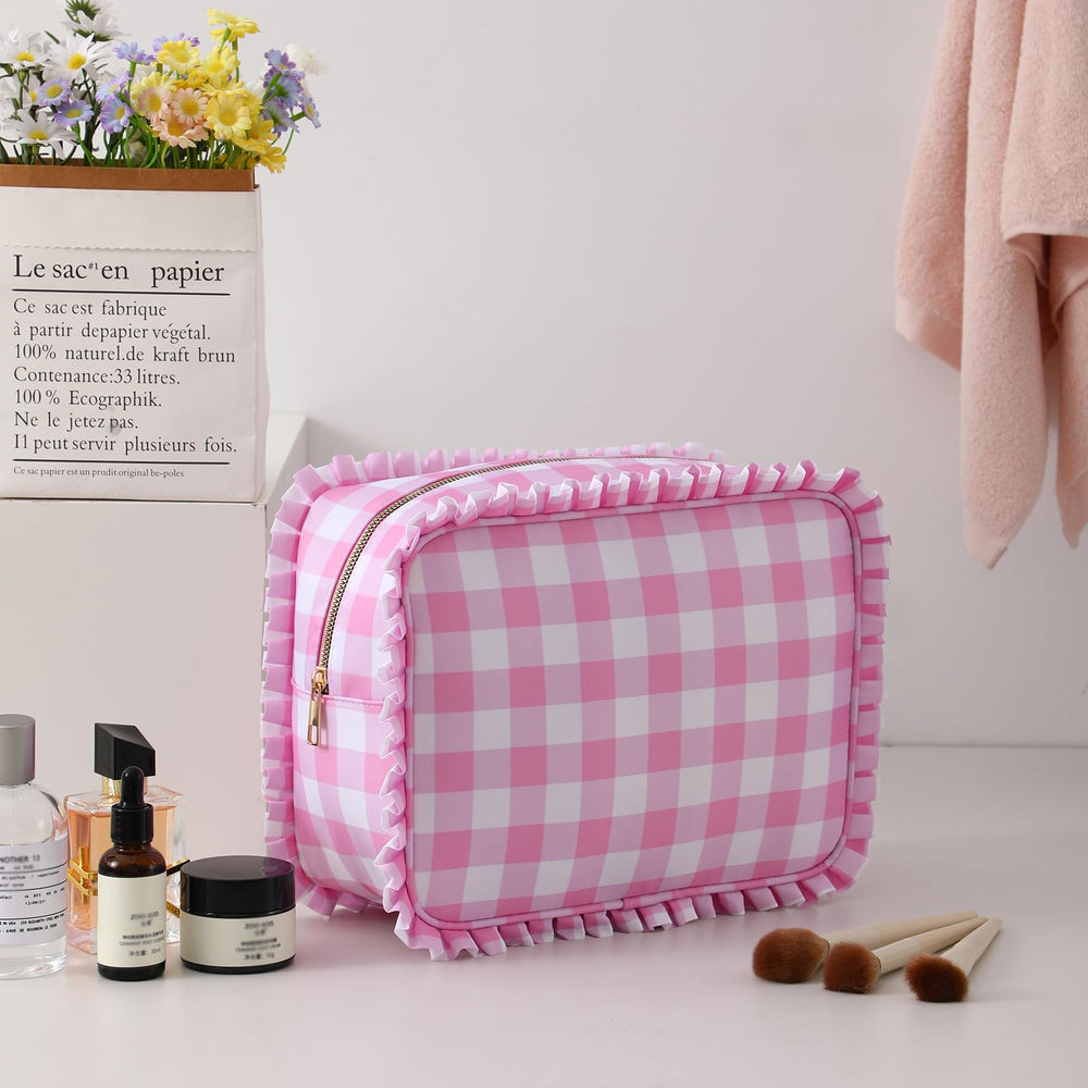 EMBRUNIOICE bolsa maquillaje rosa vichy con cremallera metálica duradera para uso diario.