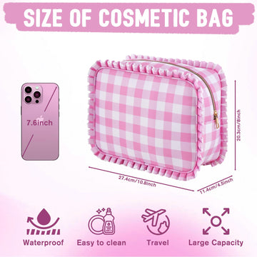 EMBRUNIOICE bolsa maquillaje rosa vichy, regalo práctico para Navidad o Día de la Madre.