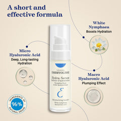 Hydra-Serum con dos pesos de ácido hialurónico para hidratación duradera.