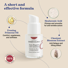 Extractos clave como castaño y ácido hialurónico en Embryolisse Intense Lift Eye Cream.