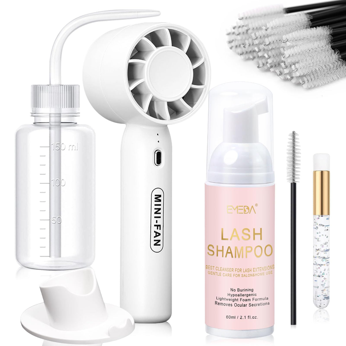 EMEDA Lash Shampoo Kit con ventilador portátil para secado rápido de pestañas