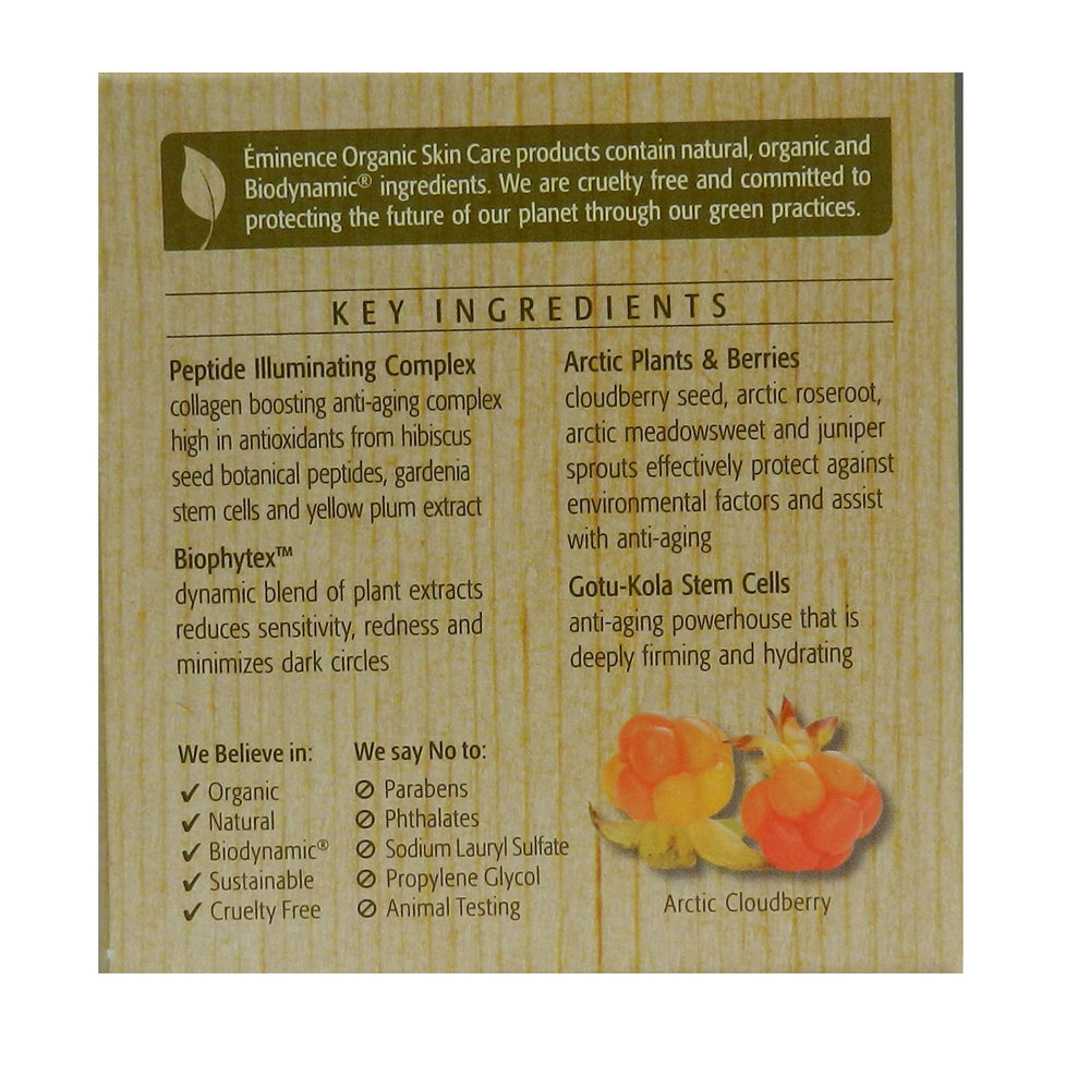 Textura ligera de Eminence crema radiante de bayas árticas, absorción rápida para rutina diaria.