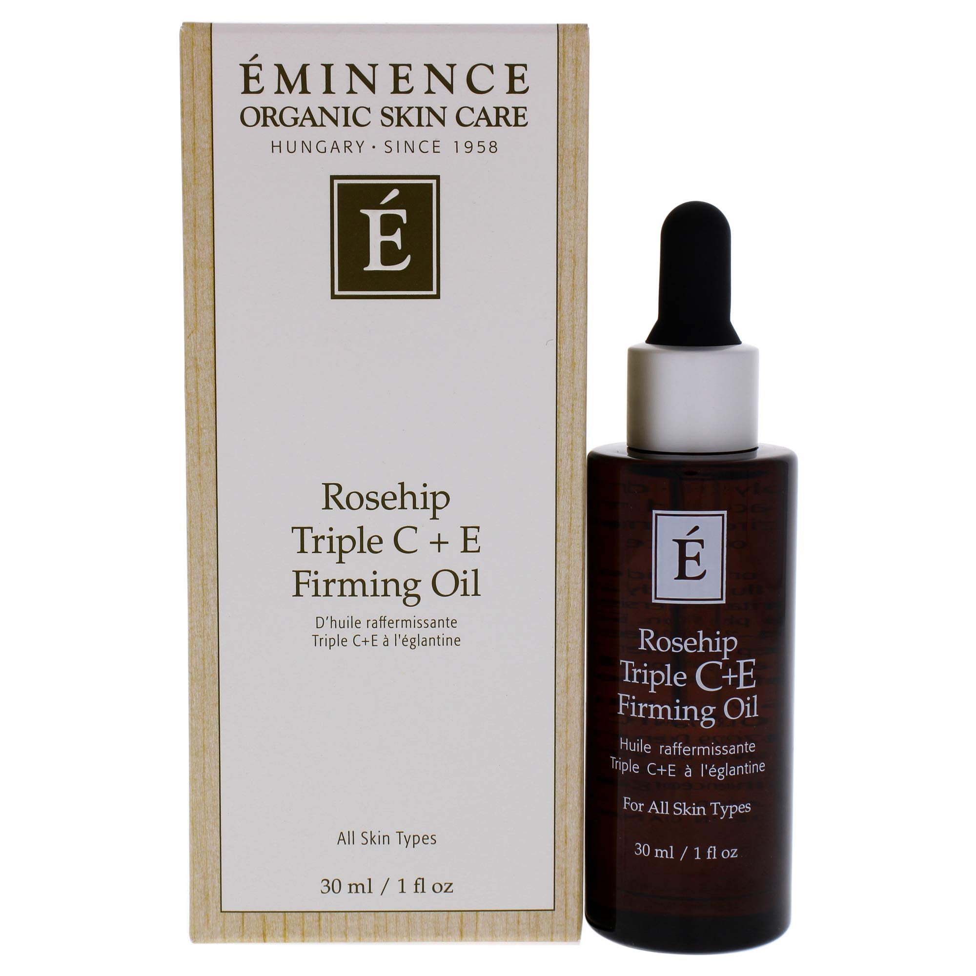 Eminence huile Rosehip Triple C+E, bouteille 1oz, hydratation durable pour peau mature.