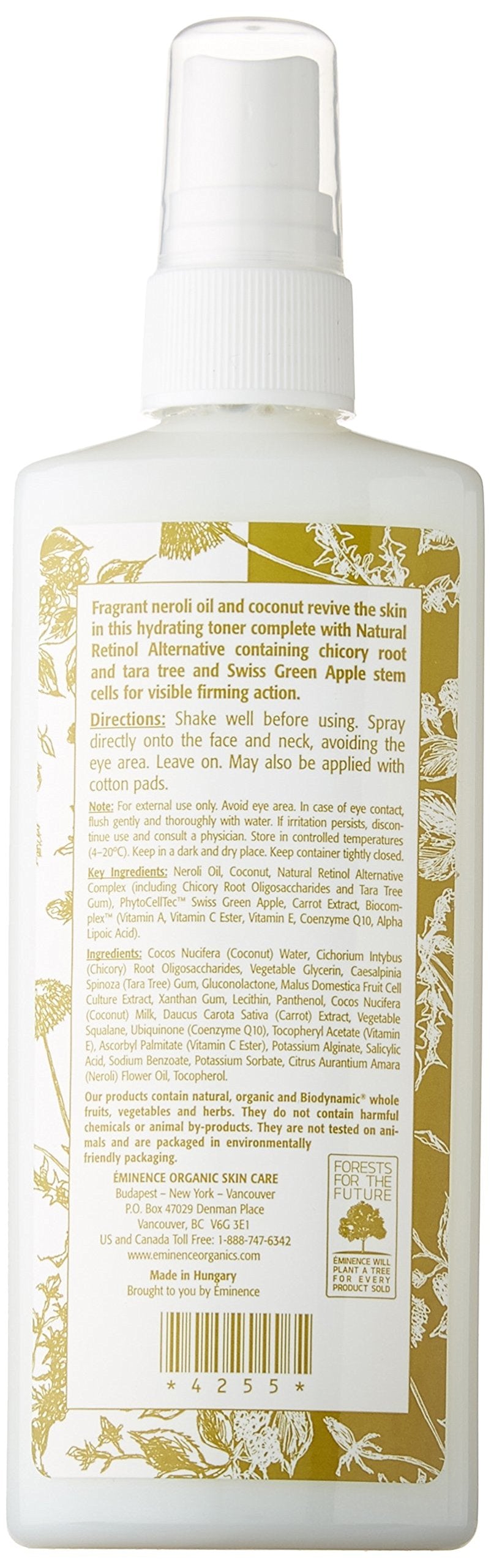 Brume anti-âge Neroli Eminence, utilisation en pulvérisation pour rafraîchir le teint.