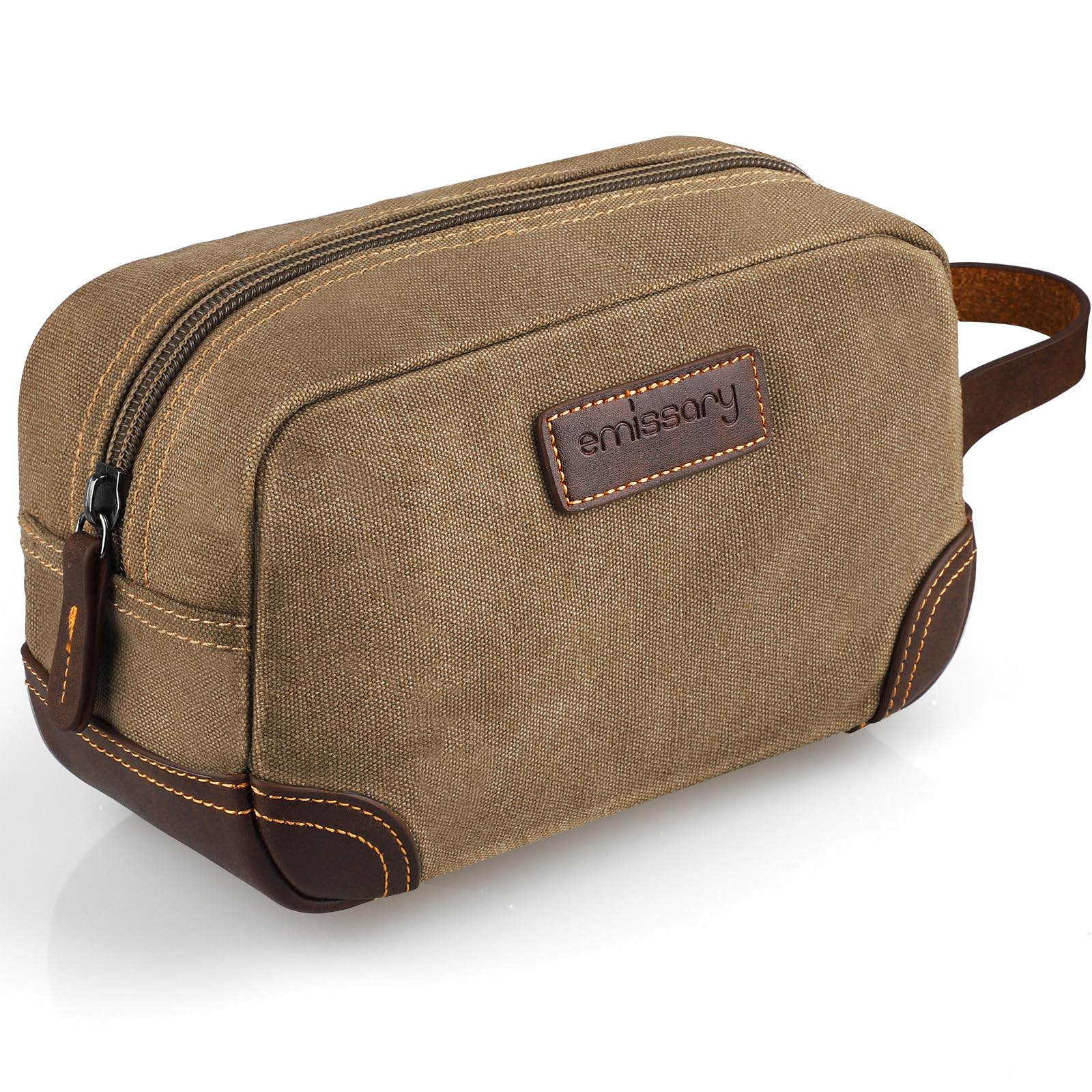 Emissary bolsa de aseo en cuero y lona, ideal para organizar artículos de viaje.