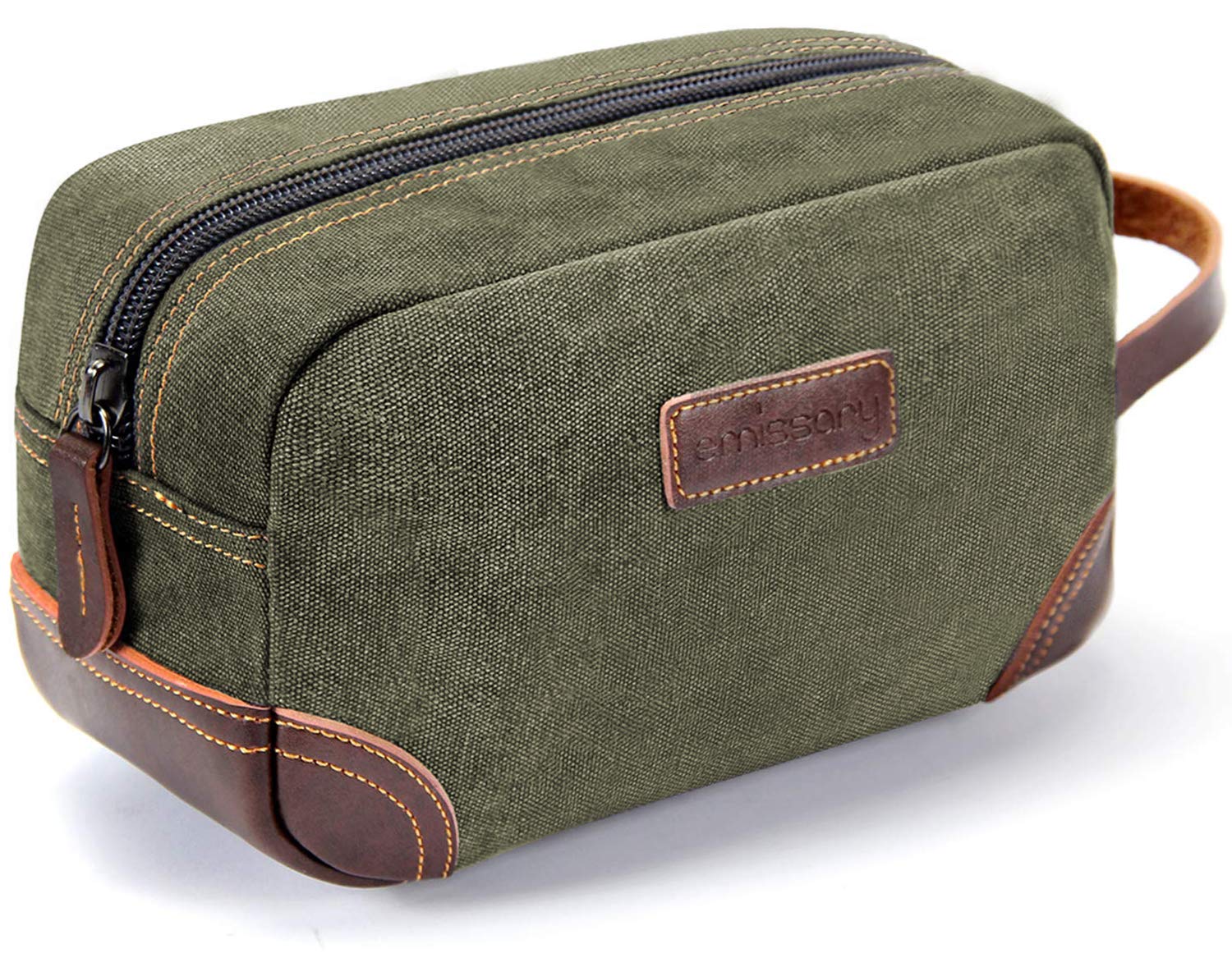 Emissary bolsa de aseo en cuero y lona verde oscuro, elegante para viajar.