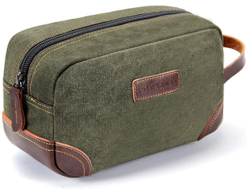 Emissary bolsa de aseo en cuero y lona verde oscuro, elegante para viajar.
