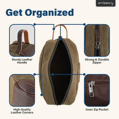 Kit de aseo Emissary en lona y cuero con asa lateral para viajar con facilidad.