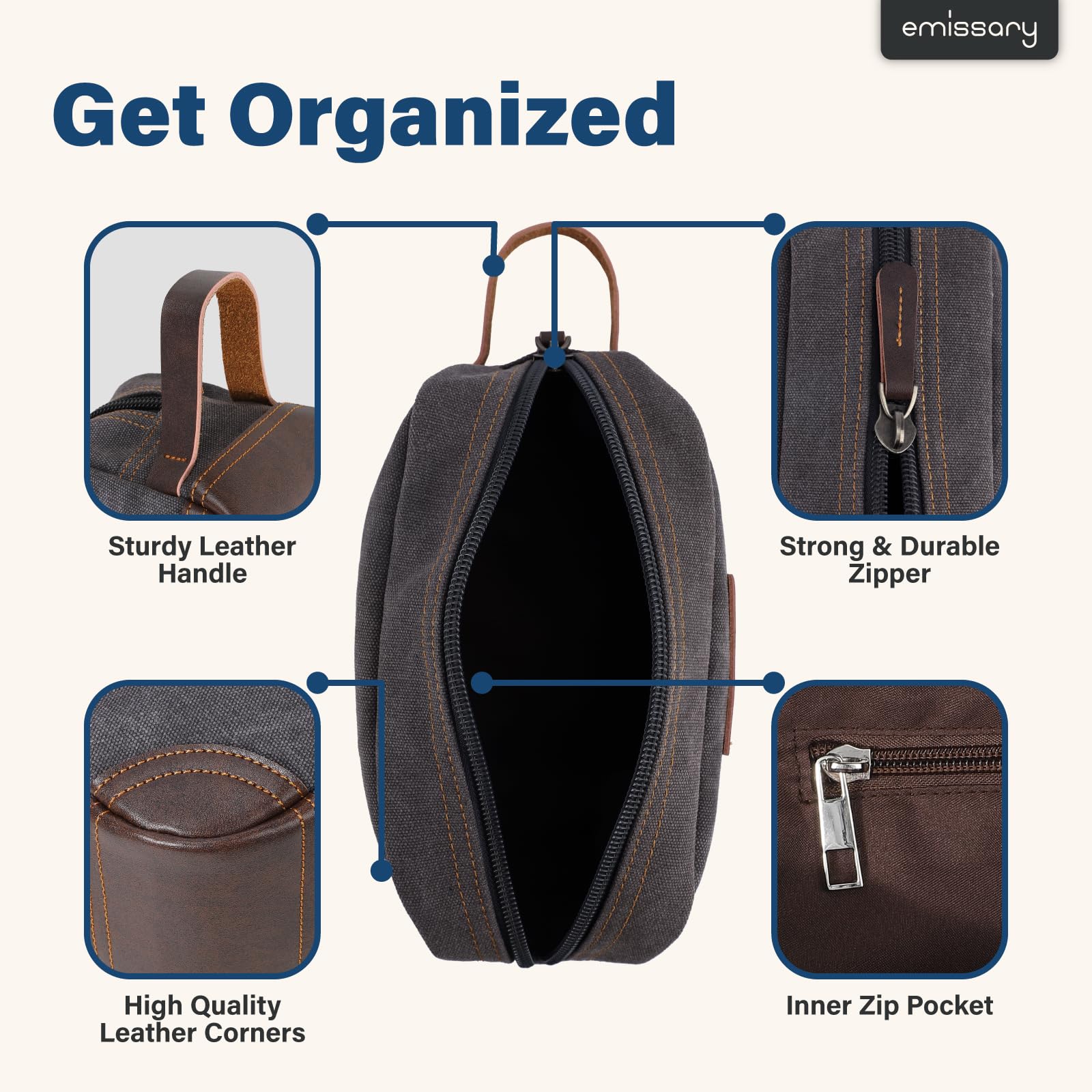 emissary kit dopp afeitado canvas cuero, compacto para viajes