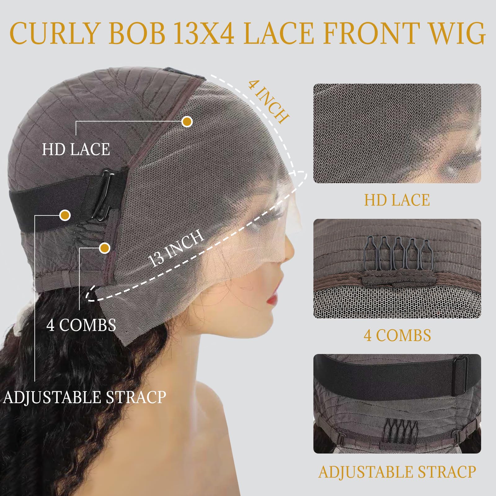 Peluca EMOBANA de 14 pulgadas, cabello humano brasileño virgen negro, densidad 180