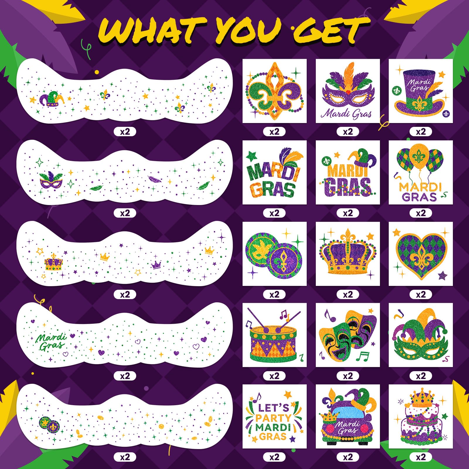 EMOME Mardi Gras face tattoo designs pack for quick party makeup