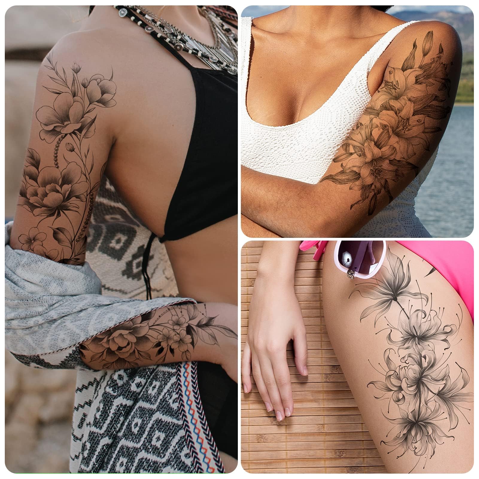 EMOME tatuajes temporales flor en pierna, favorece estilo veraniego sin compromiso.
