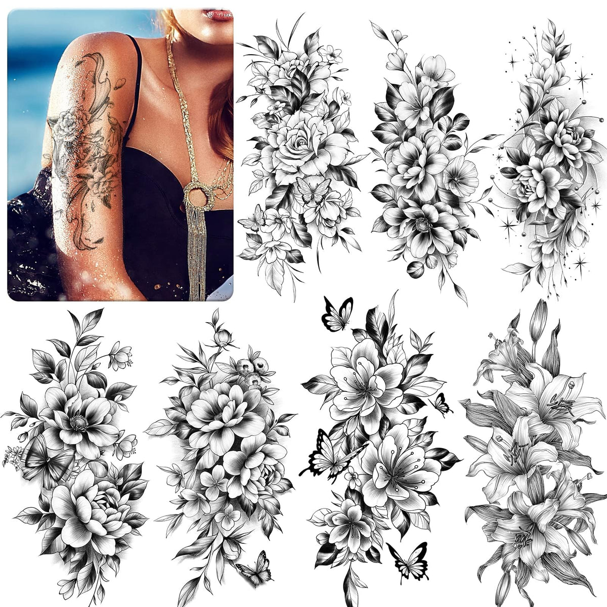 EMOME tatuajes temporales flores grandes en brazo, aspecto realista y duradero para fiesta o diario uso.