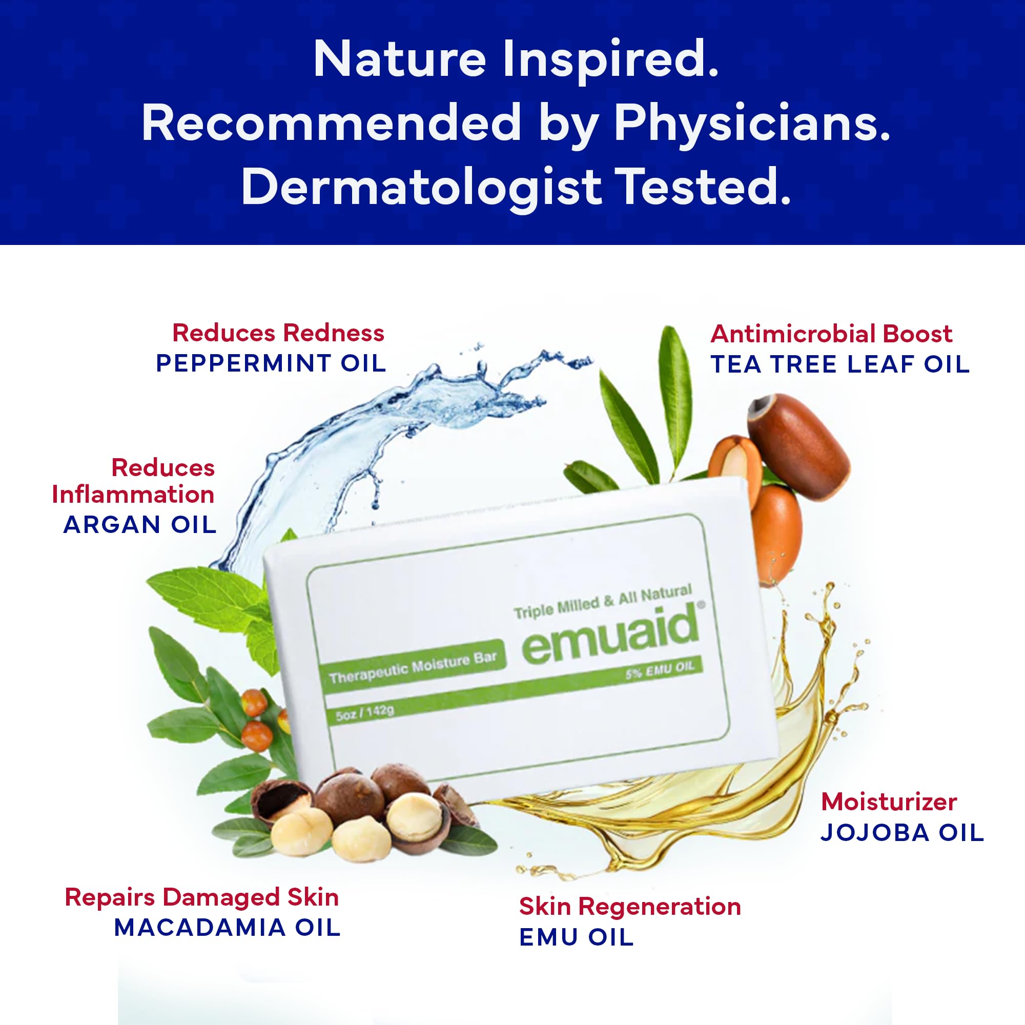 Emuaid-barra-arbol-de-te-argan-macadamia: aceites calmantes para limpiar y suavizar.