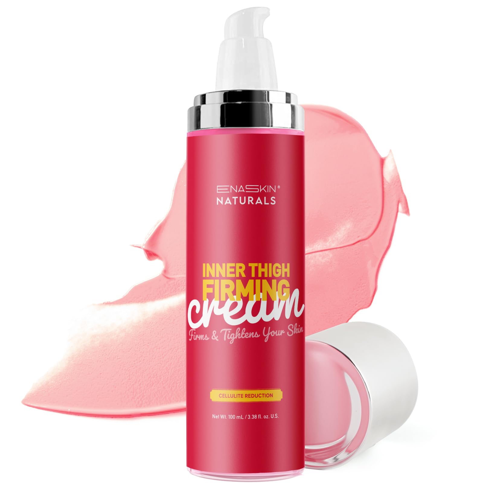 Enaskin Naturals anti-cellulite cream bottle pour, highlighting smooth texture and quick application.