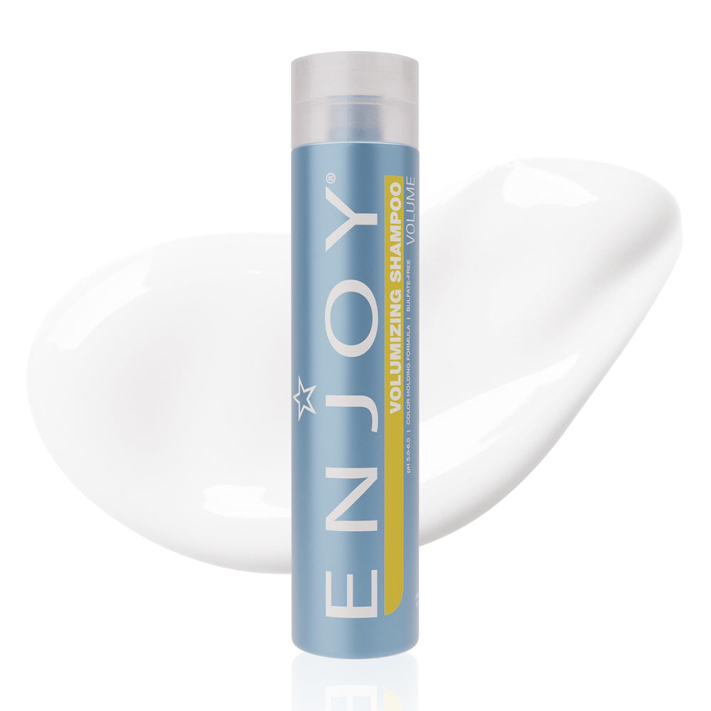 Enjoy Champú Voluminizador: botella visible y cabello con volumen natural.