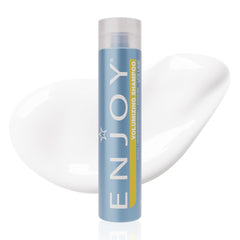 Enjoy Champú Voluminizador: botella visible y cabello con volumen natural.
