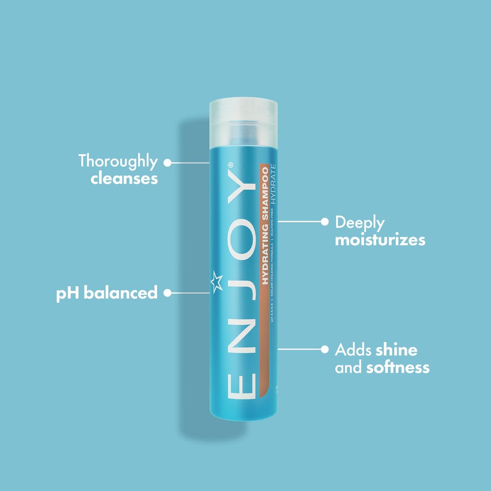 Enjoy Hydrating Shampoo pour highlights easy application and quick lather for a refreshing cleanse.