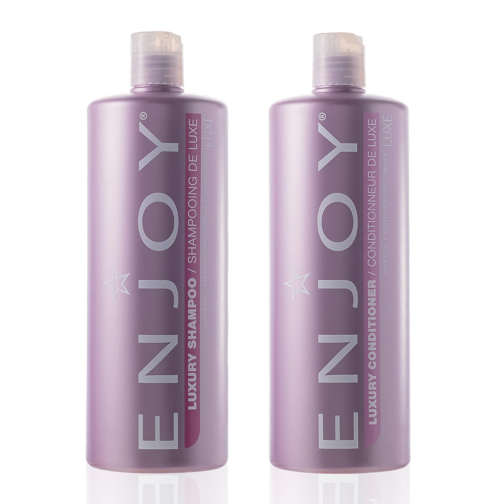 Shampooing Enjoy Luxe en flacon prêt à nettoyer en douceur.