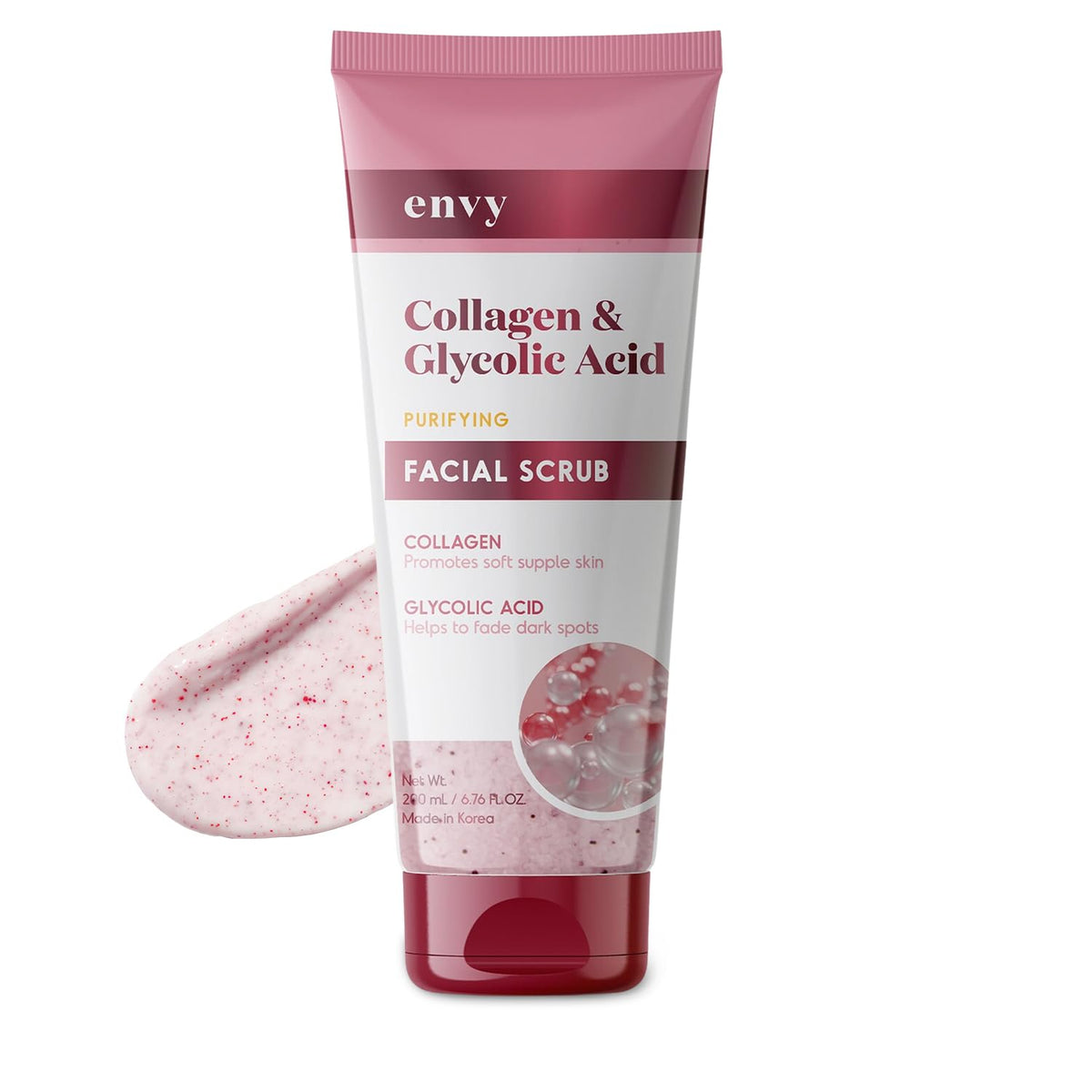 Exfoliante facial Envy con colágeno y ácido glicólico en botella elegante para exfoliar suavemente.