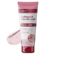 Exfoliante facial Envy con colágeno y ácido glicólico en botella elegante para exfoliar suavemente.