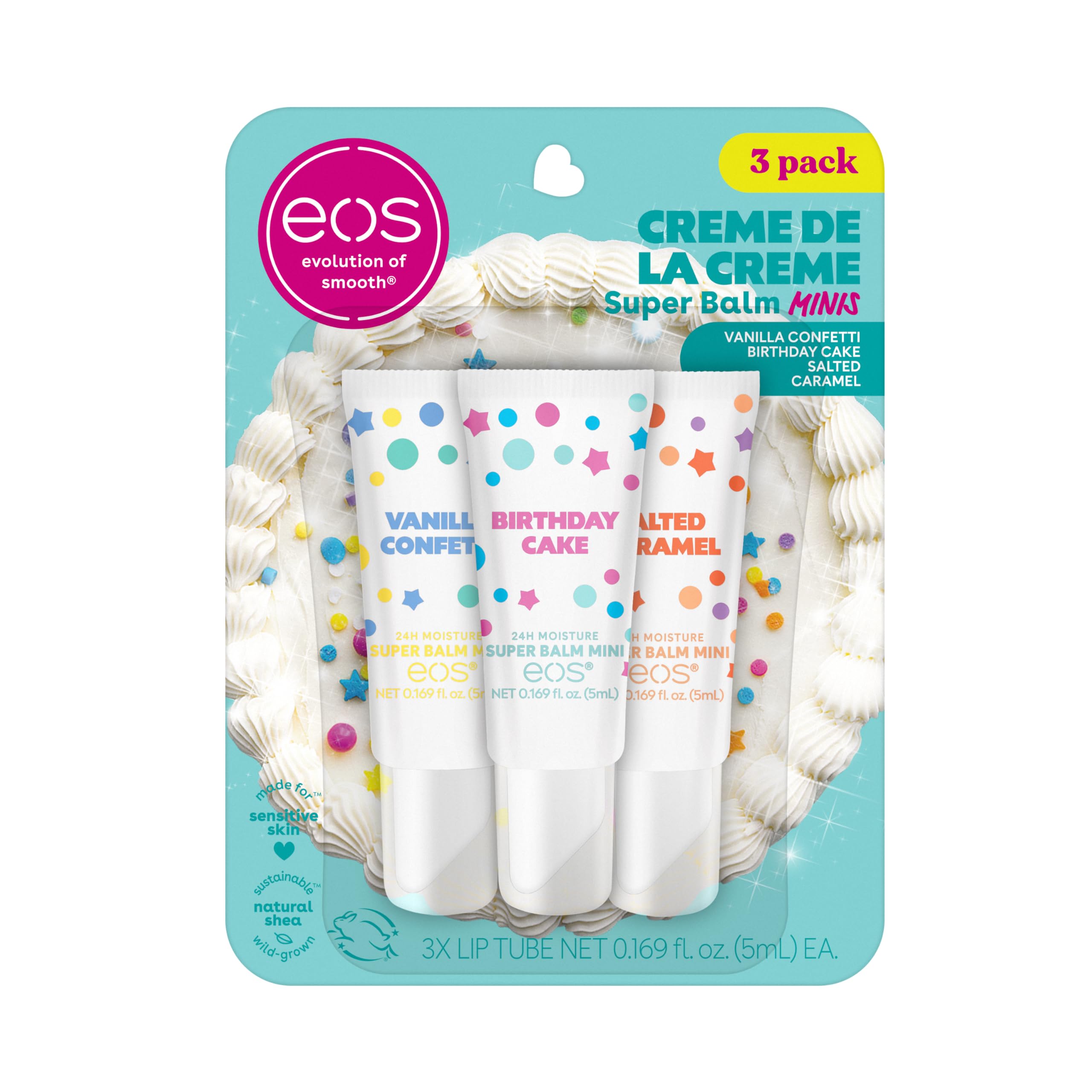 EOS Creme de la Creme Birthday Cake mini lip balm swatch showing rich moisture and creaminess