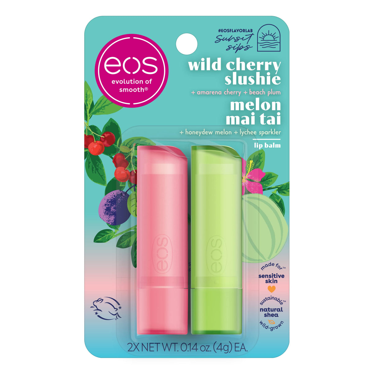 Bálsamo labial EOS Sunset Sips Melón Mai Tai para labios suaves todo el día.
