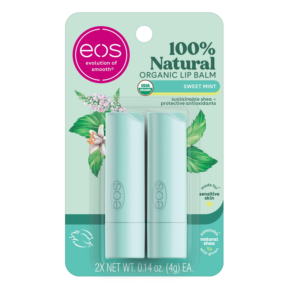 Bálsamo labial EOS Sweet Mint en envase compacto para uso diario.