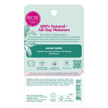 EOS Sweet Mint con ingredientes naturales certificados para labios sanos.