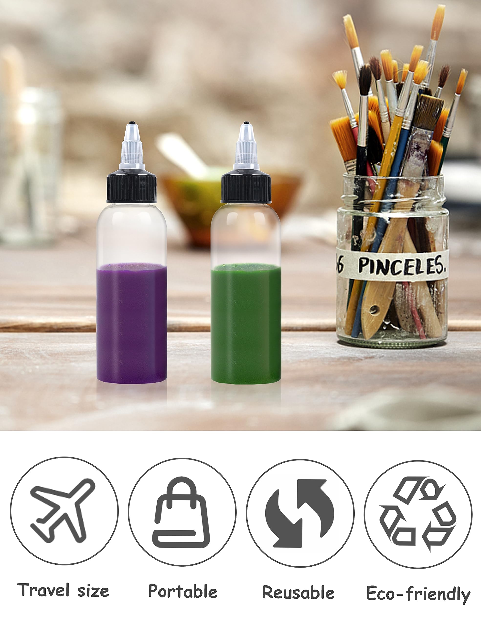 Botellas EOSAU de plástico claro con cierre hermético para evitar fugas.