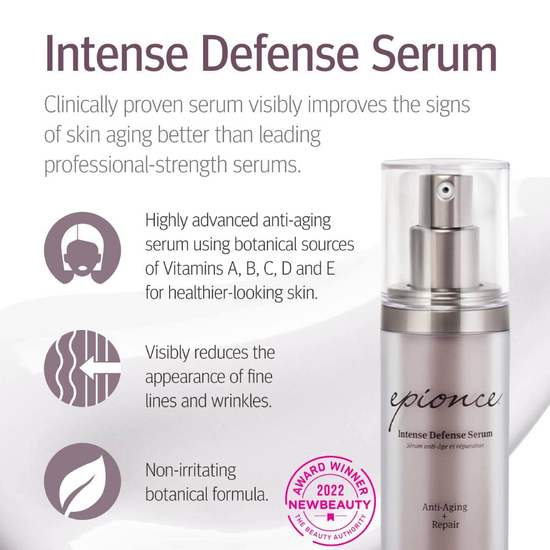 Aplicación suave de Epionce Intense Defense Serum para rutina facial clara.