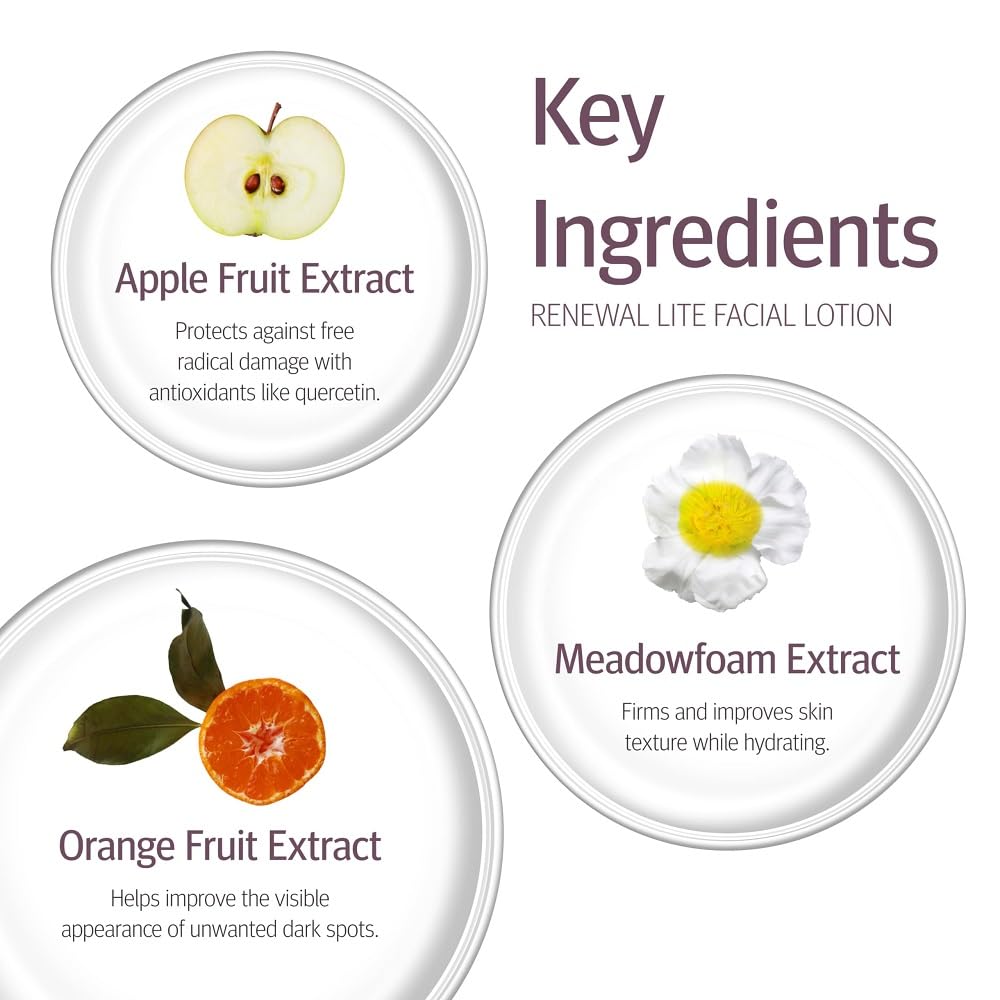 Epionce Renewal Lite Loción Facial: enfoque en ingredientes clave para cuidado diario.