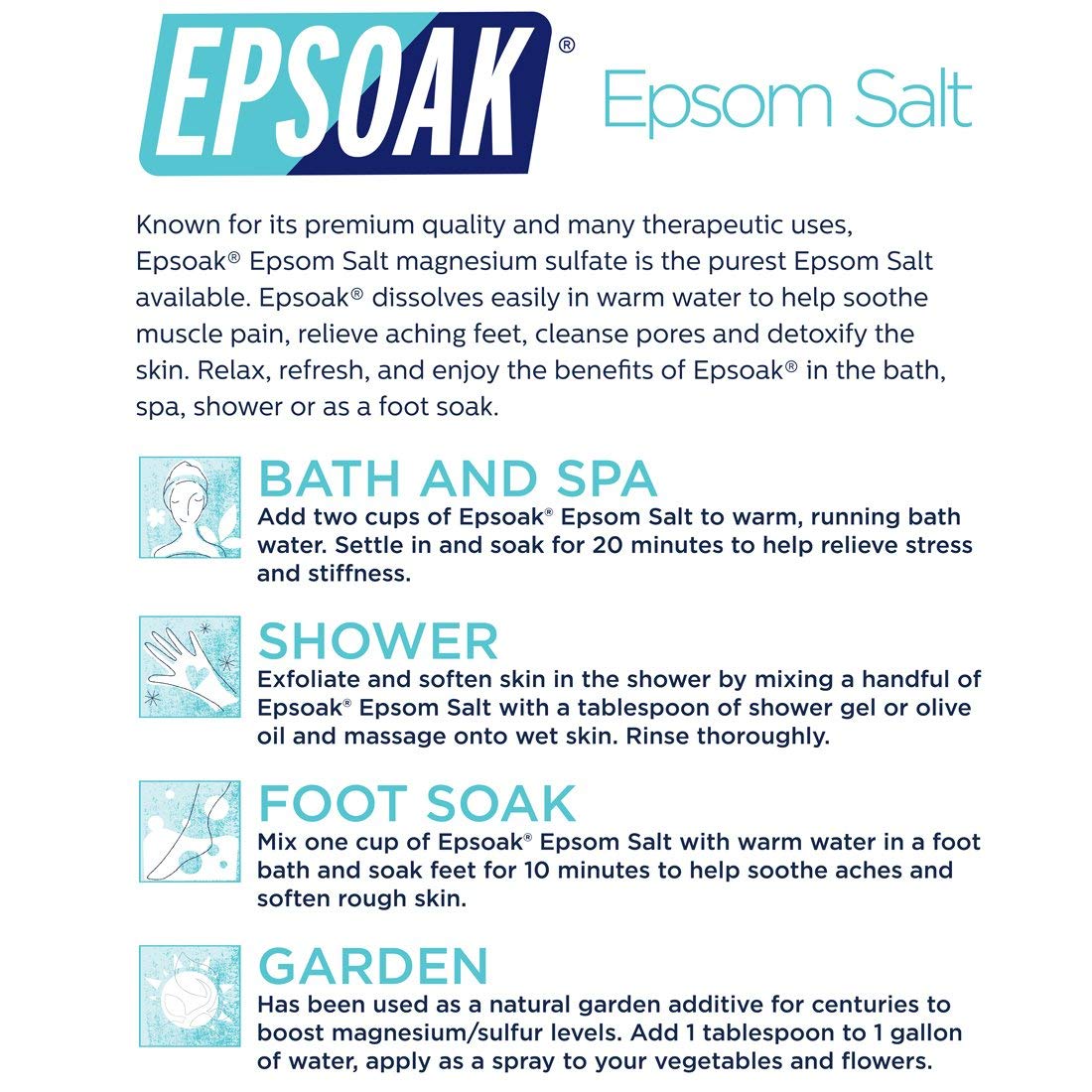 Epsoak Sal Epsom grano medio: se disuelve rápido en agua tibia.