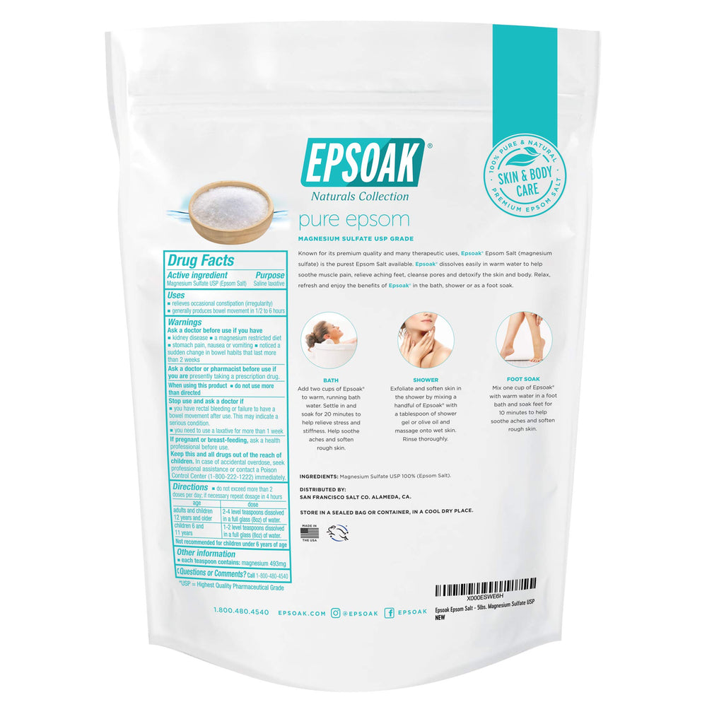 Epsoak Sal Epsom sin fragancia, ideal para baño diario sin olores.